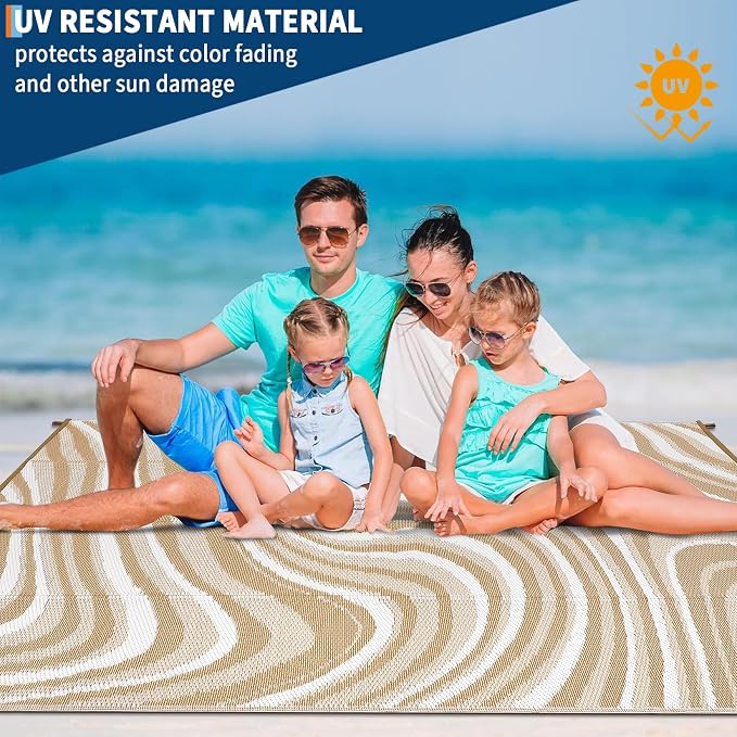 Garvee 10x20 Modern Large Outdoor Rug, Waterproof Rug for Camping, Reversible Plastic Straw Rugs UV Resistant Abstract Carpet for Picnic Backyard Deck Balcony Porch Beach Trailer, Light Brown