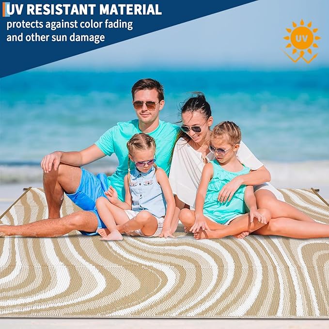 Garvee Porch Rugs Outdoor Waterproof 9x18 Outdoor Camping Rug, Modern Plastic Straw Rugs with Portable Bag, Foldable Reversible UV Resistant Outside Rug for Picnic Backyard Deck RV, Light Brown