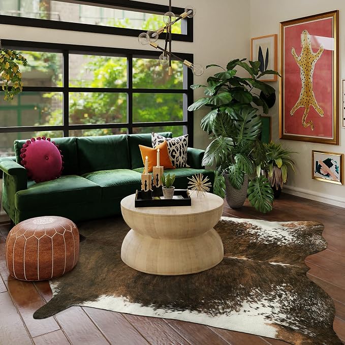 Faux Cowhide Rug, Cow Print Animal Area Rug, 4.6x5.2 Ft Saddle Brown | Premium Cow Hide Carpet, Western Rug for Bedroom Living Room Decor, Durable Faux Cow Skin Cowhide Area Rug