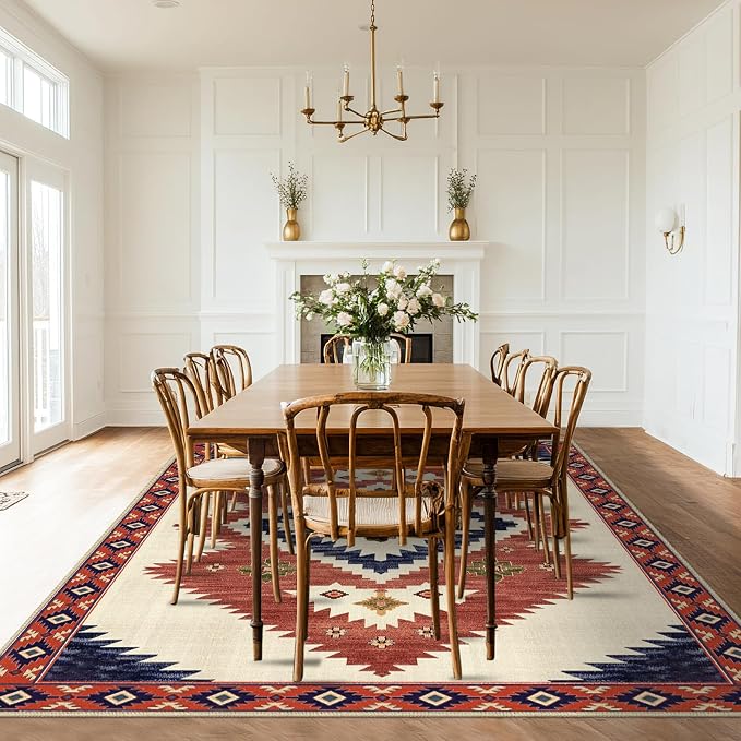 Area Rug 5x7 Western Rug for Living Room Southwest Aztec Rugs | Washable Southwestern Navaj Tribal Rugs Low Pile Non-Slip Floor Carpet for Dining Room Bedroom Kitchen Office, Yellow Brown
