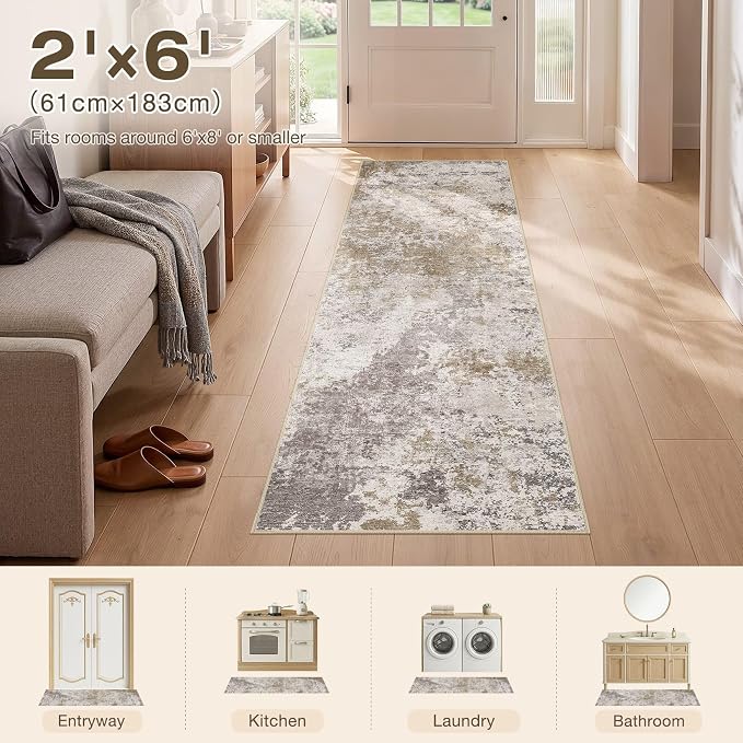 Nakagishi 2x6 Abstract Washable Area Rugs for Entryway-Brown Grey | Modern Non-Slip Silicone Backing Low Pile Soft Carpet for Bedroom Dining Decor for Families with Kids and Pets