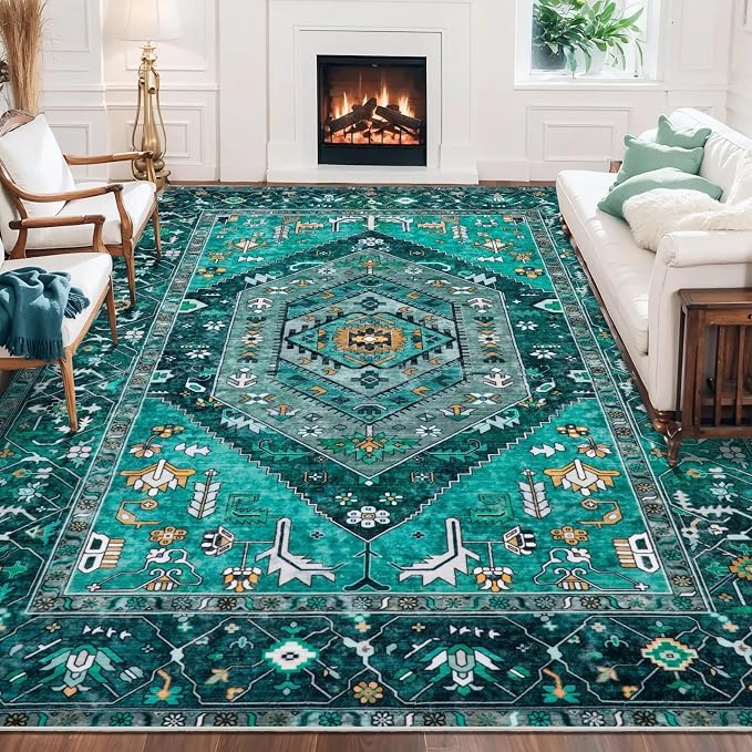 SERISSA 8x10 Washable Non Slip Boho Area Rug for Living Room，Teal | Ultra Soft Vintage Oriental Carpet Low-Pile Distressed Tribal Throw Carpet for Dining Room Bedroom Dorm Office Home Decor