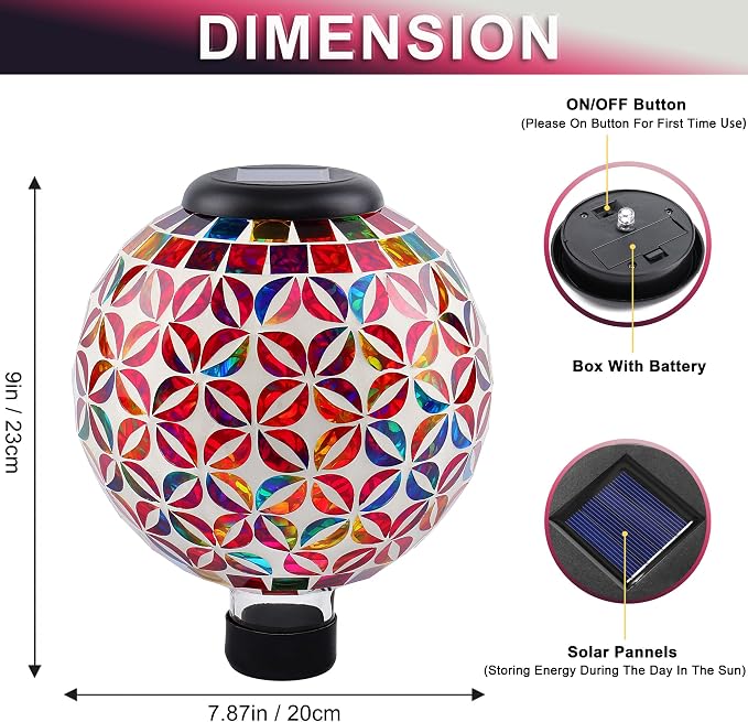 VOREEN 8” Solar Mosaic Garden Ball, Colorful Glass Outdoor Globe with Solar Light, IP44 Waterproof Yard Decor Sphere for Patio Lawn Pathway, All-Weather, Auto On/Off