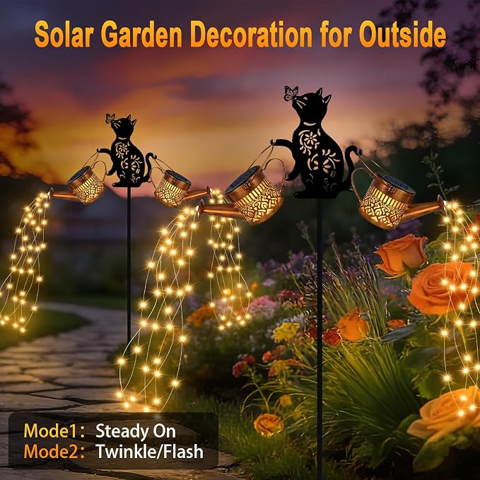 2 Pack Solar Watering Can Lights Waterproof, Metal Hanging Lantern Lights with Cat Silhouettes Stakes, Outside Garden Decor for Yard Patio Pathway, Gifts for Women Mother's Day Cat Lover Warm White