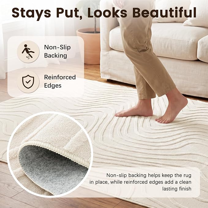 Etwel 6.5 ft Beige Modern Wavy Textured High-Low Pile Washable Round Rug | Soft Carpet, Non-Slip PVC Backing, Low Profile, Kid and Pet Friendly, for Living Room, Bedroom, Dining Room, Nursery