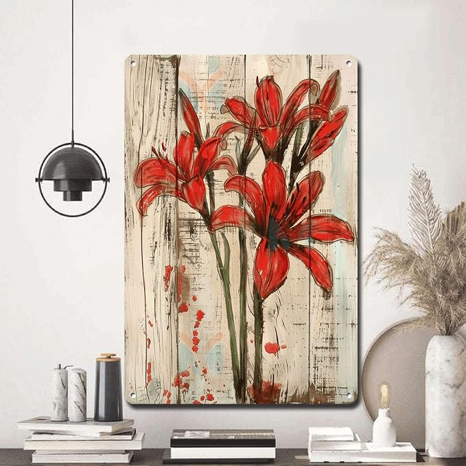 Metal Sign Tin Sign Vintage Wall Art Antique Paint Lycoris Tin Sign for Shabby Chic Interiors Red Flower Admirers and Weather Resistan Bathroom Signs Decor for Restaurant 6×8 Inches