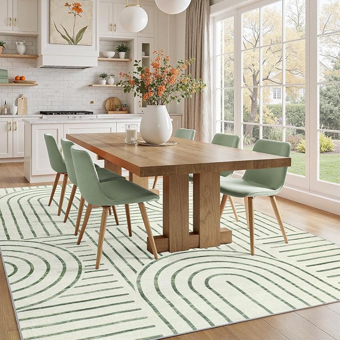 DCX Abstract Washable 5x7 Rug, Non Slip Low Pile Rug, Green | Rugs for living room, bedroom, dining room, office, soft, mid century modern rug, sain resistant indoor carpet, home decor