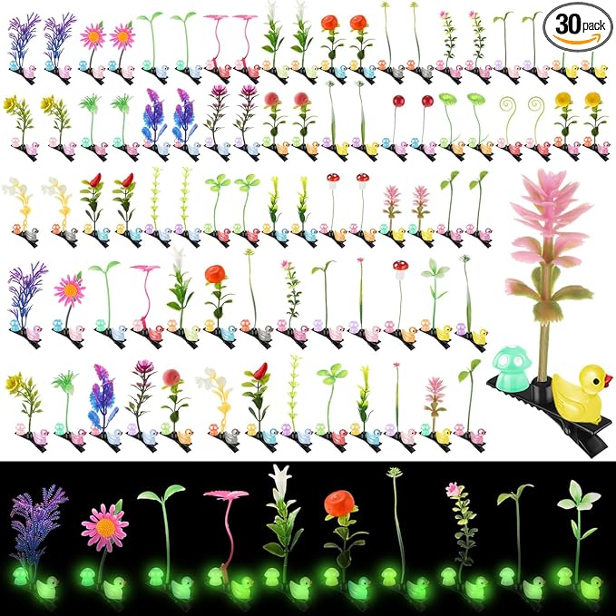 Tigeen 30 Pcs Glow Rave Trinkets Festival Duck Hair Clip with Bean Sprout Mushroom Sprout Hairpins Holiday Funny Plant Flower Hair Accessories for Women Music Festival