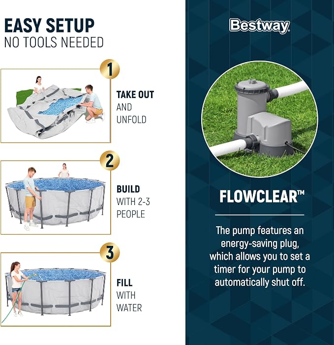 Bestway Steel Pro MAX 16' x 48" Above Ground Swimming Pool Set with Pump | Durable Round Metal Frame Outdoor Backyard Pool, Puncture-Resistant Liner - Ladder and Cover Included, Gray