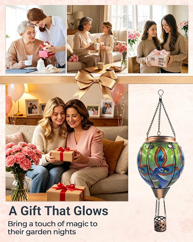 Hot Air Balloon Solar Lantern with Flickering Flame, Glass Hanging Garden Lights Outdoor Waterproof for Tree Yard Patio Mother's Day Gift (Peacock)