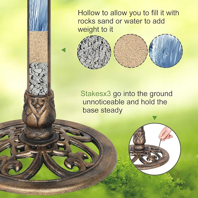 VINGLI Pedestal Bird Bath with Solar Fountain, Solar Pump Resin Birdbaths, Weather Resistant Bird Baths with Ground Stakes, Vintage Finish Garden Decor for Outdoor, Patio, Yard, Lawn (Copper)