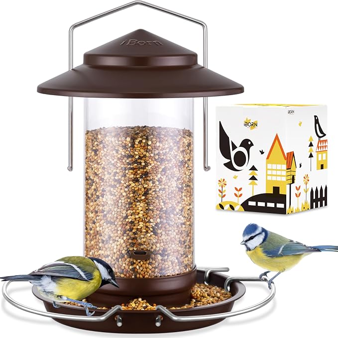 iBorn Bird Feeder Metal Squirrel Chew-Proof Bird Feeders for Outdoors Hanging for Cardinal Outside, Holds 1.32LB Seed with 3 Perchs, Bronze (Seed is not Included)