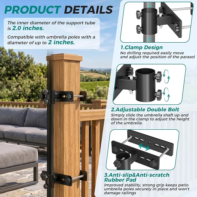 Patio Umbrella Holder for Deck Railing,Adjustable Patio Fence Umbrella Clamp,Outdoor Metal Deck Umbrella Mount,Deck Umbrella Base and Stand for Outdoor Courtyard, Balcony, Boats