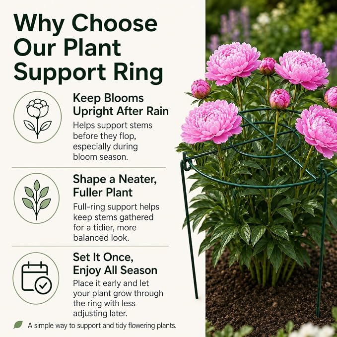 Peony Cages and Supports, 8 Pack 12 in x 15.7 in Metal Grow-Through Plant Support Rings, 3-Leg Garden Stakes for Peonies, Roses, Hydrangeas, Dahlias & Tomato Plants
