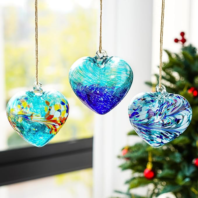 Set of 3 Handmade Glass Heart Ornament 3.9 Inch Blue Friendship Heart Balls | Hand-Blown Craftsmanship, Easy-Hang Lanyard Design for Indoor & Outdoor Hanging