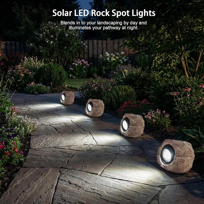 VISFLAIR Solar Rock Lights, 4 Pack Solar Powered Waterproof LED Spotlights Decorative for Outdoor Garden, Pathway, Walkway, Yard, Landscape, Patio (Cool White)