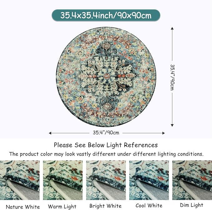 Lahome Reine Bohemian Floral Medallion Round Rug - 3Ft Small Bedroom Round Area Rug Soft Bathroom Circle Mat, Teal Vintage Non Slip Machine Washable Entryway Carpet for Nursery Kitchen Family Room
