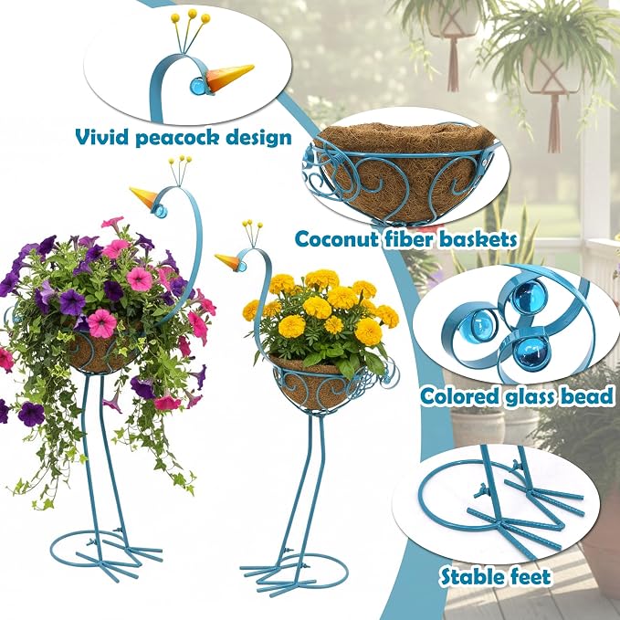 Peacock Metal Plant Stand Flower Pots Holders Plants with Coconut Pots | Manortang 2 Sets Planters for Outdoor Indoor, Front Porch Garden Balcony Patio Decor for Plant,Garden Decoration Gifts