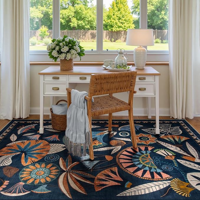 Zealude Egypt Floral Washable 5x7 Area Rug for Living Room, Large Boho Bedroom Dining Room Rugs for Under Table, Vintage Non Slip Soft Throw Carpet for Playroom Office Apartment (Dark Blue, 5 x 7)