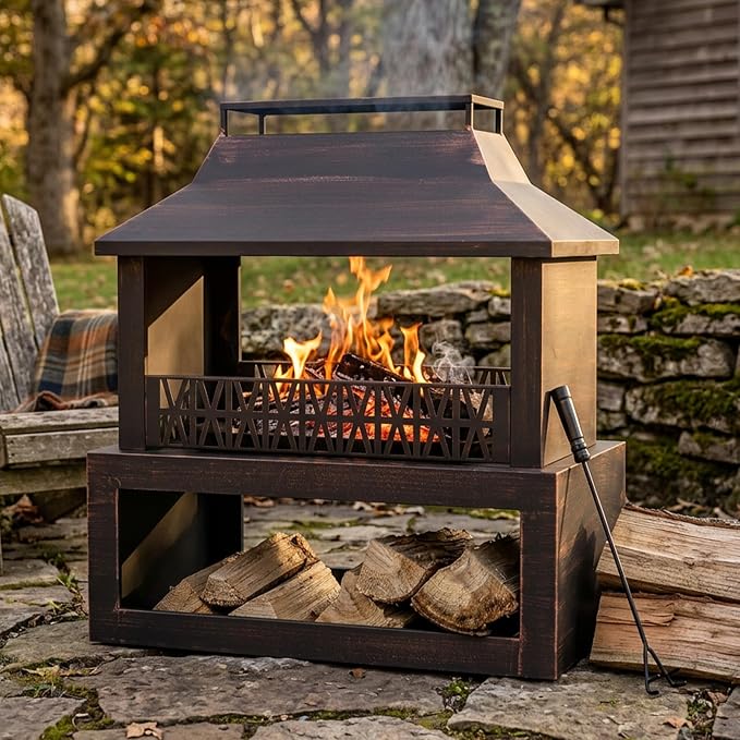 Sunnydaze Backyard Blaze 35-Inch H Heavy-Duty Steel Outdoor Fire Pit with Built-in Log Storage - Includes Protective Cover - Brushed Bronze