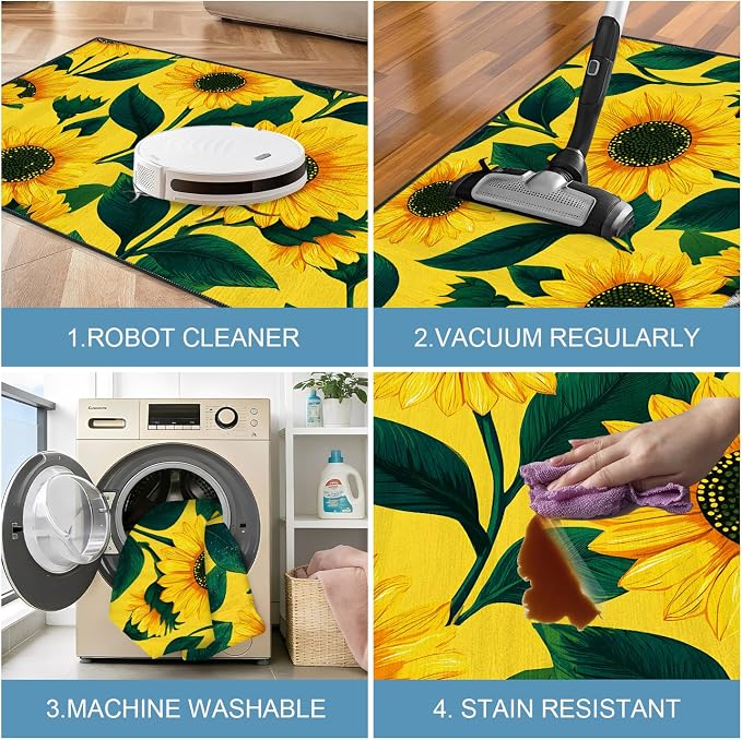 Sunflower 2x3 Entryway Rug,Spring Summer Cheerful Door Mat for Kitchen,Sunroom,Front Door -Washable Non-Slip Rubber Backing Indoor Outdoor- Bright Floral Farmhouse Decor