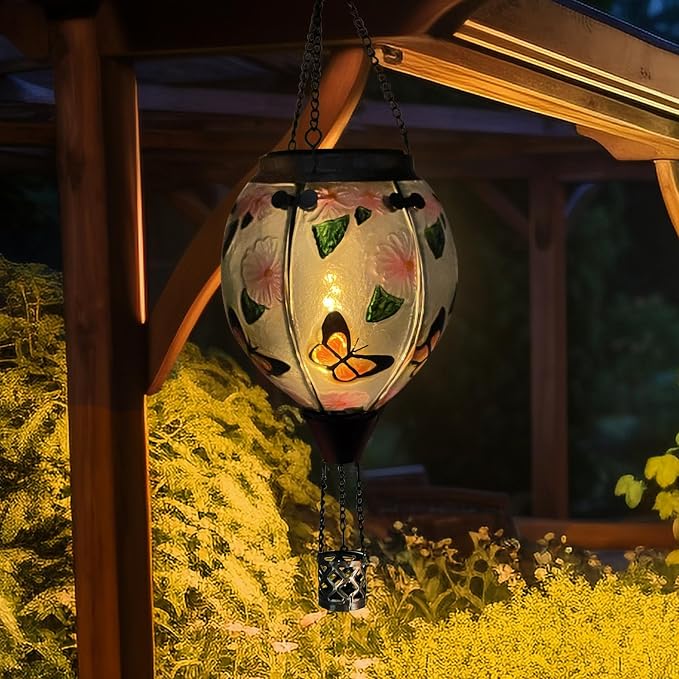 Hot Air Balloon Solar Lantern with Flickering Flame, Glass Hanging Garden Lights Outdoor Waterproof for Tree Yard Patio Mother's Day Gift, 18" H Butterfly