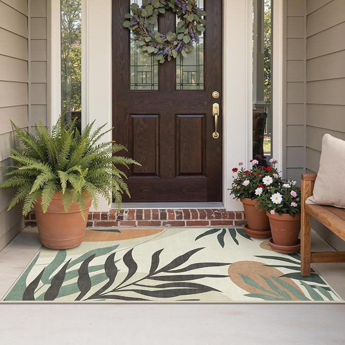 GENIMO Outdoor & Indoor Area Rug 3'x5', Waterproof, Non-Shedding, Easy Cleaning, Leaf Mat for Patio, Living Room, Balcony, Dining Room, RV, Deck, Bedroom, Camping, Outside Carpet, Beige Grey