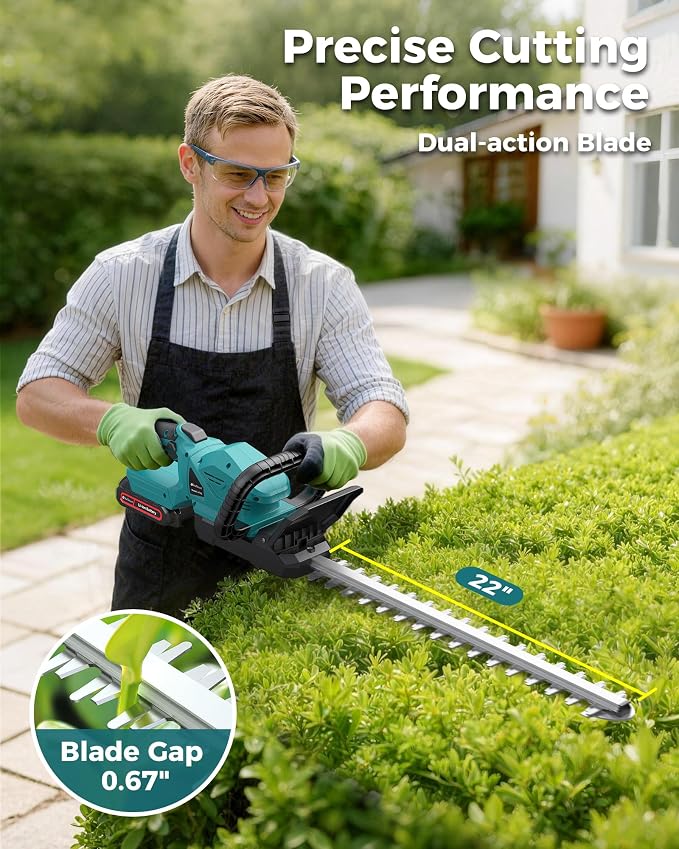 22'' Cordless Hedge Trimmer with 2 Rechargeable Batteries & Charger, 3000RPM Brushless Electric Handheld Bush Clipper, 180° Rotatable Head, 2/3'' Blade Gap, Gardening Gifts for Father’s Day