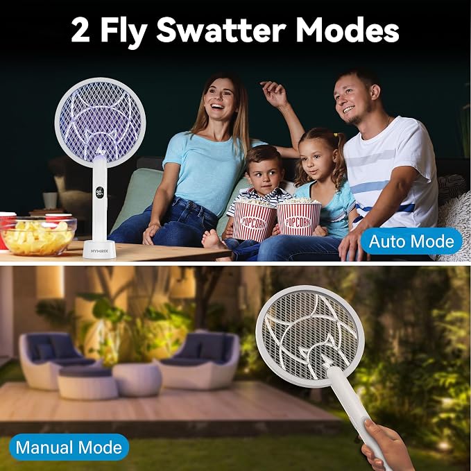 Nymrix Electric Fly Swatter Racket,2 in 1 Mosquito Bug Zapper 4100V Max Handheld Mosquito Killer with 1800 mAh Rechargeable Battery, Purple Light and 3-Layer Safety Mesh for Indoor Grey Two-Pack