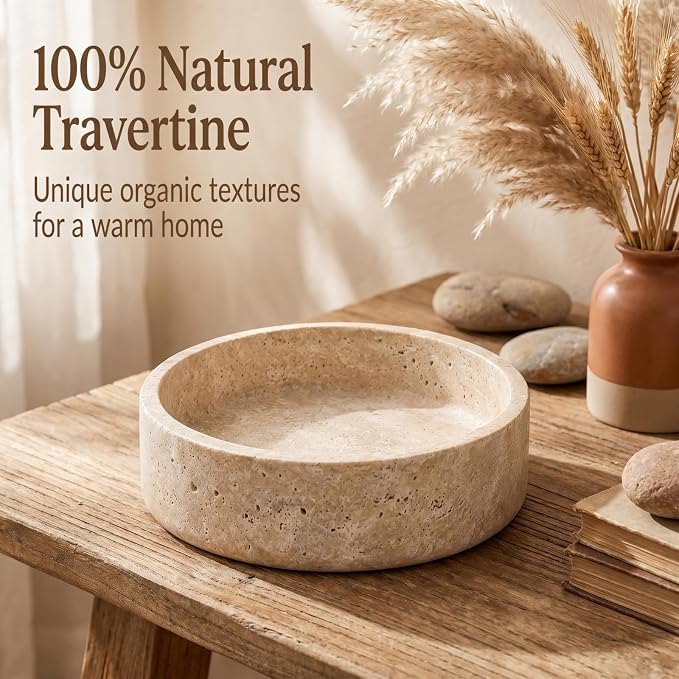 Natural Travertine Decorative Bowl 8",Fruit Bowl for Kitchen Counter & Natural Stone Centerpiece for Coffee Table Decor, For Kitchen Fruit Bowl, Key Holder for Entryway, Dining Table Centerpiece.