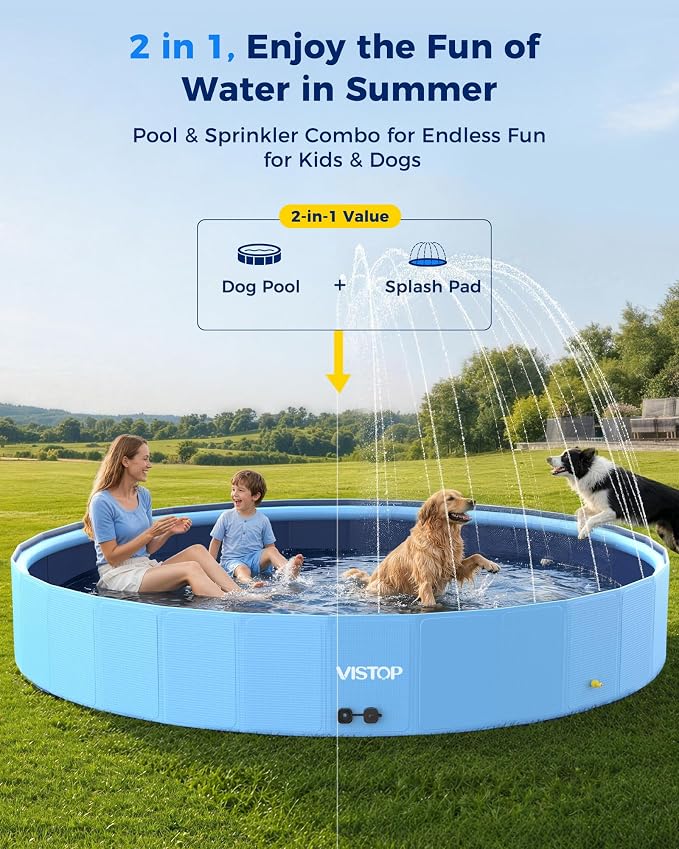 VISTOP 107" Foldable Dog Pool with Sprinkler, Extra Large Kiddie Pool for Kids & Pets, Non-Slip Hard Shell Collapsible Backyard Splash Pad for Outdoor Summer Water Play