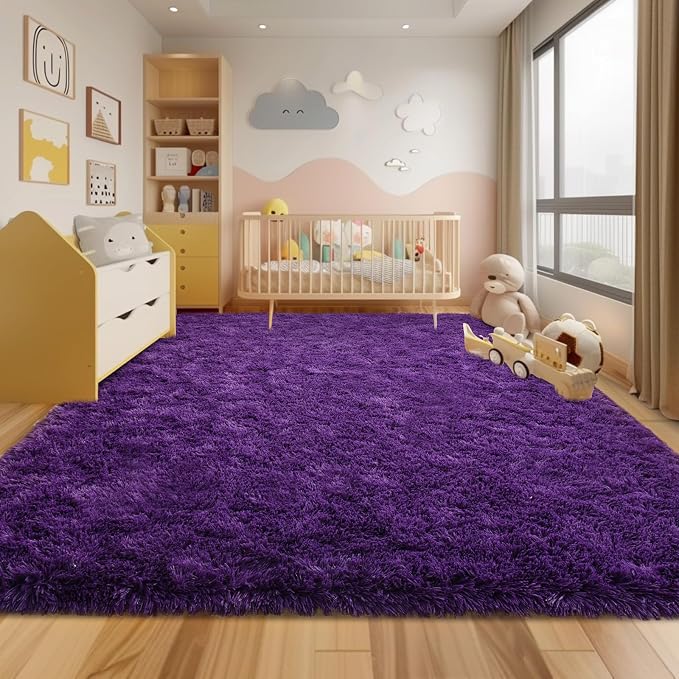 9x12 Large Area Rugs for Living Room, Fluffy Washable Purple | Upgrade Non-slip, 9 x 12 Big Shag Rug for Bedroom Girls Kids Nursery, Modern Shaggy Furry Carpet for Dorm, Flame Resistant