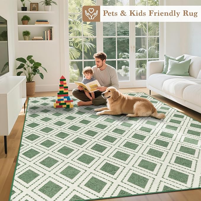 LBRO2M Machine Washable Rug Soft Pet Friendly Carpet 8X10 Green | Checkered Rug 8X10 for Living Room, Bedroom, Dining Room, Home Office, Non Slip Carpet, Foldable Stain Resistant Rugs