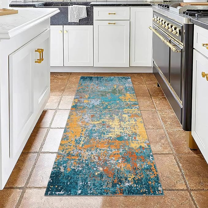 ROYHOME Modern Abstract 2x7 Runner Rug Washable Non Slip, Multi Color | Stain Resistant Rug for Hallway Kitchen Bedroom Non Shedding Low Pile Indoor Floor Cover