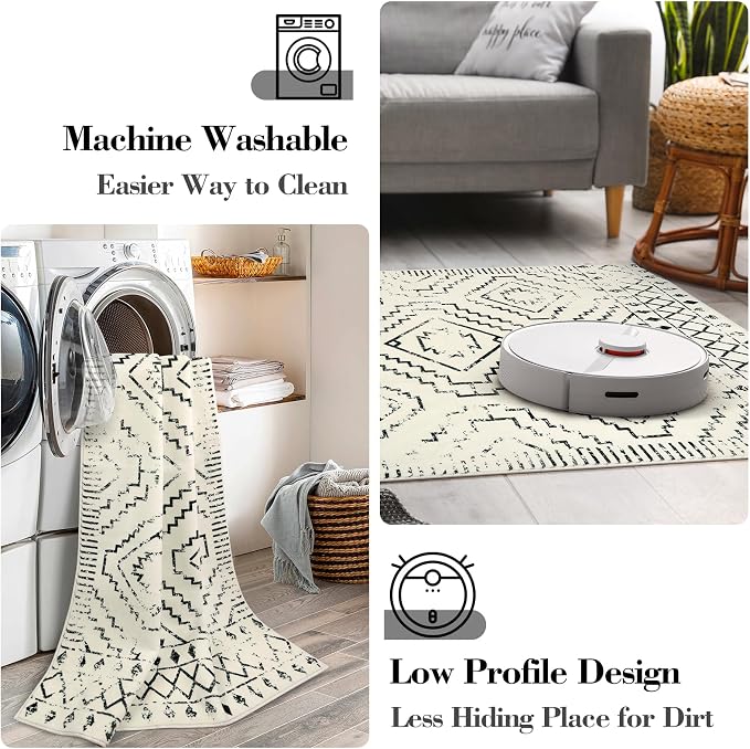 Wonnitar Moroccan Washable 2x6 Runner Rug for Hallways, Non-Skid Carpet Runners for Kitchen, Boho Farmhouse White Non-Shedding Laundry Room Throw Mat for Bathroom Closet Bedroom (Beige,2'x6')