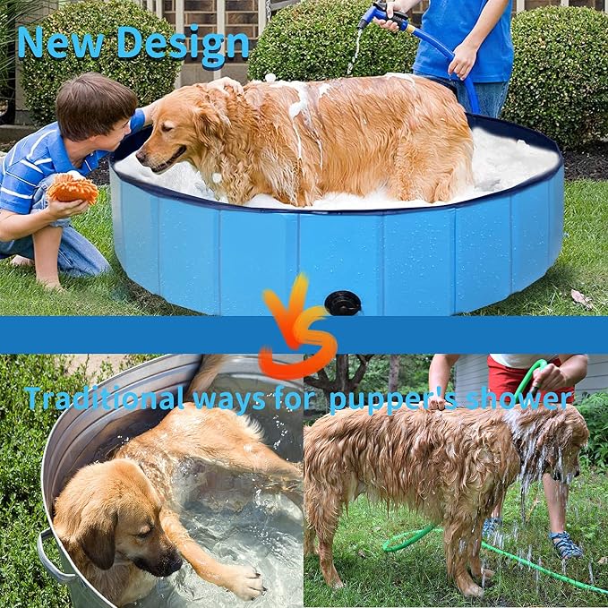 63" Foldable Dog Pool,63 x 12Inches Hard Plastic Collapsible Pet Bath Tub & Wading Pool or Dogs and Cats for Indoor/Outdoor Use Swimming Pool, Blue