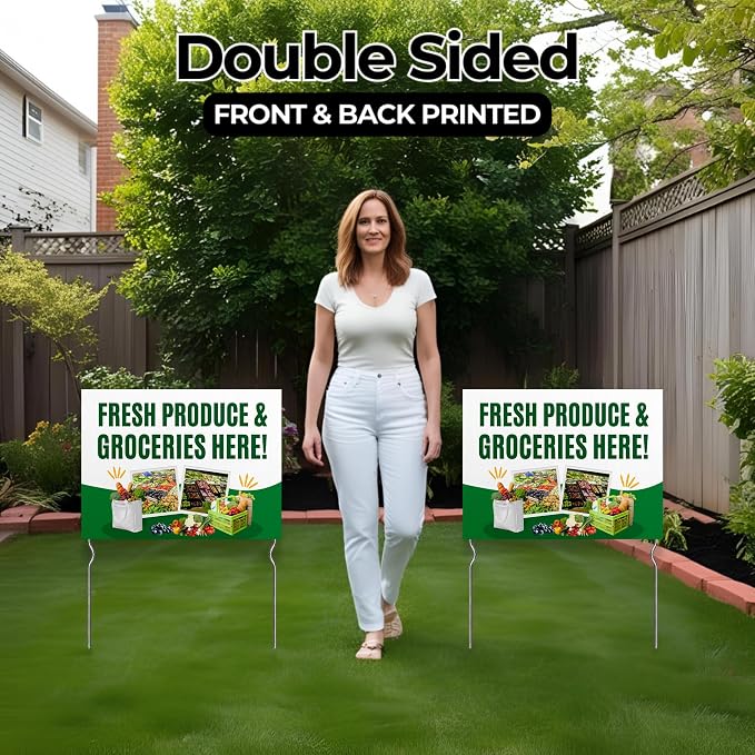 Fresh Produce & Groceries Here! Yard Sign by DC | 24"x18" Double Sided Conv. Store Garden Sign with 13” Metal Stakes | Outdoor Signs Waterproof for Lawn, Patio, Sidewalk & House | Set of 4
