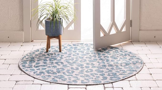 Unique Loom Outdoor Safari Collection Area Rug - Leopard (4' 1" Round, Teal/ Ivory)