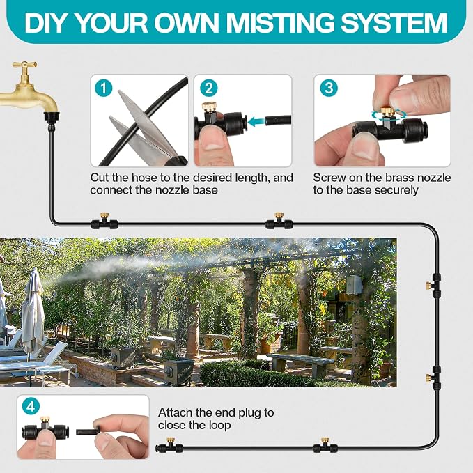 OnBrand 100FT Misters for Outside Patio with 3/4" Adapter and 2 T-Joints | Misting System, Patio Water Misters for Cooling Outdoor, with 30 Brass Nozzles and Filter, for Greenhouse Trampoline Coop BBQ