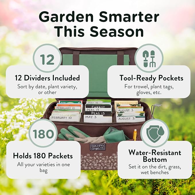 SEED STORAGE ORGANIZER TOTE BAG - Flexible Canvas Seed Organizer Holds 180 Seed Packets with Shoulder Strap, Side Pockets and 12 reusable Tabs for Gardeners | Water Resistant Bottom, Notebook Straps