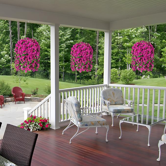 Ammyoo Artificial Faux Hanging Flowers Basket for Spring Summer Outdoor Porch Decoration, Fake Silk Colorful Morning Glory Eucalyptus in Planter UV Resistant for Home Balcony Yard(Red Purple)