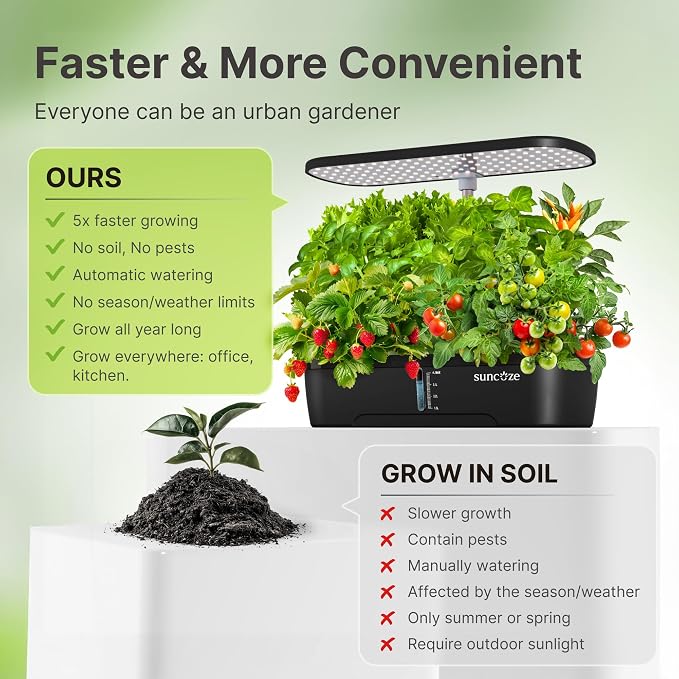 SUNCOZE Hydroponics Growing System, 12 Pods, 12.4 in Adjustable Height | Indoor herb Garden with 20W LED Grow Light, Visible Water Tank with Pump, Indoor Gardening System, Gardening Gifts, Black
