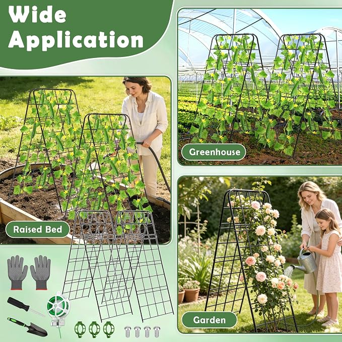 2 Pack Cucumber Trellis 43.3’’x15.7’’ with Twist Tie and Clips, A-Shaped Garden Trellis for Climbing Plants Heavy Duty Metal Plant Support for Cucumber, Grape, Tomato, Pea, Bean, Flower, Raised Bed