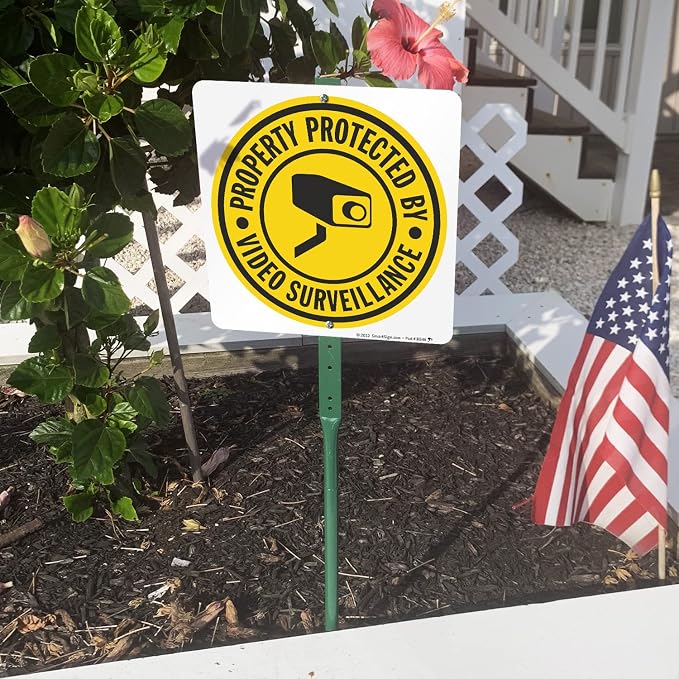 SmartSign "Property Protected By Video Surveillance" Yard Sign | 10" x 10" Aluminum Sign With 3' Stake for Garden, Lawn