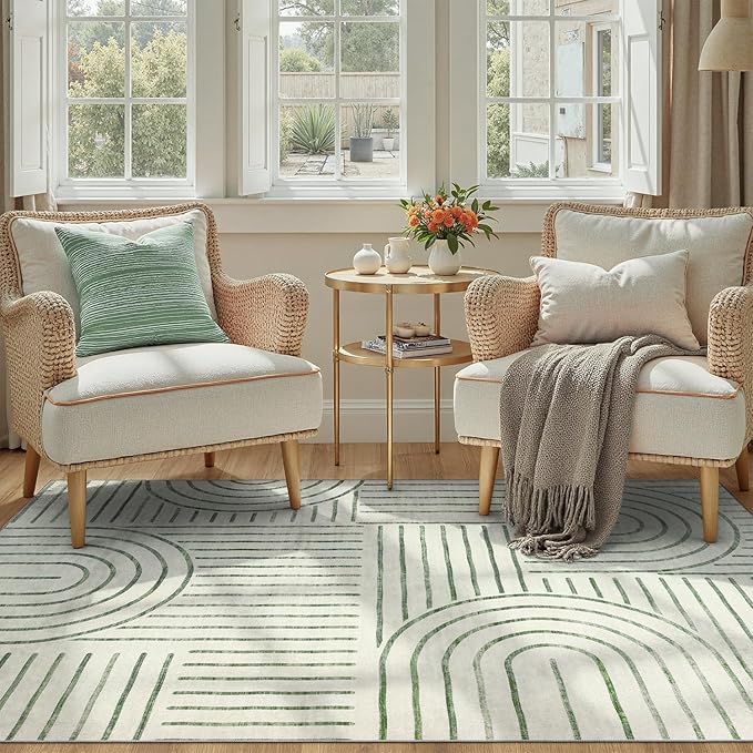 DCX Abstract Washable 4x6 Rug, Non Slip Low Pile Rug, Green | Rugs for living room, bedroom, dining room, office, soft, mid century modern rug, sain resistant indoor carpet, home decor