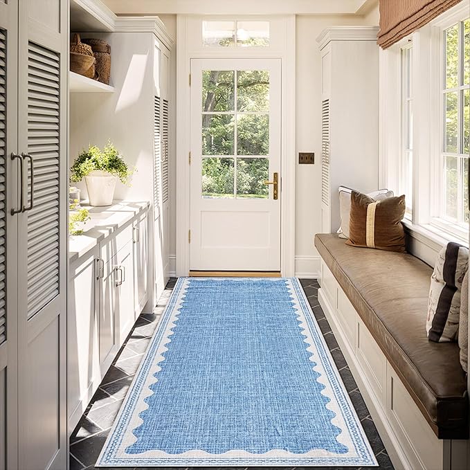 GarveeHome 2x6 Runner Rug for Hallway Washable Kitchen Rugs Non Slip Solid Blue Modern Minimalism Soft Low-Pile Scalloped Indoor Carpet for Entryway Laundry Room Floor Mats