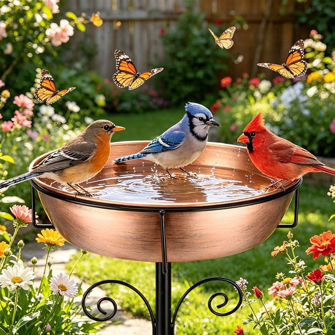 Btefd 3" Deep 43" Tall Copper Metal Bird Bath for Outdoor, 12" Dia Removable Bird Baths Water Bowl for Outside, Standing Birdbaths with Stable Stake for Garden Yard Lawn Decor 1.4 Gallon