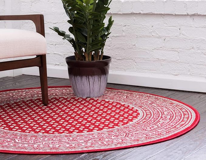 Unique Loom Williamsburg Collection Traditional Border with Dotted Center Area Rug, Round 8' 0" x 8' 0", Red/Beige