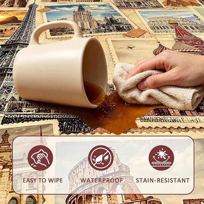 Vintage World Landmark Stamp Collage Area Rug, 5x7ft Retro European Travel City Print Washable TPE Backing Non-Slip Rug, Travel Themed Decor Floor Mat for Living Room Bedroom Office Home Decor