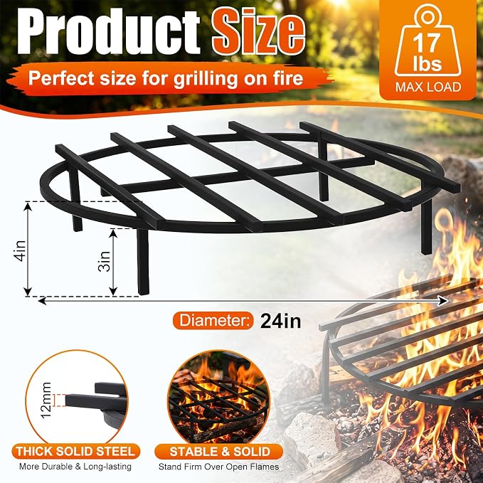 24 Inch Fire Pit Grate Round Heavy-Duty Solid Steel Fire Pit Grate with Elevated Legs, Multi-Functional Log Holder for Fireplace Outdoor Camping, Backyard Barbecue, Cooking